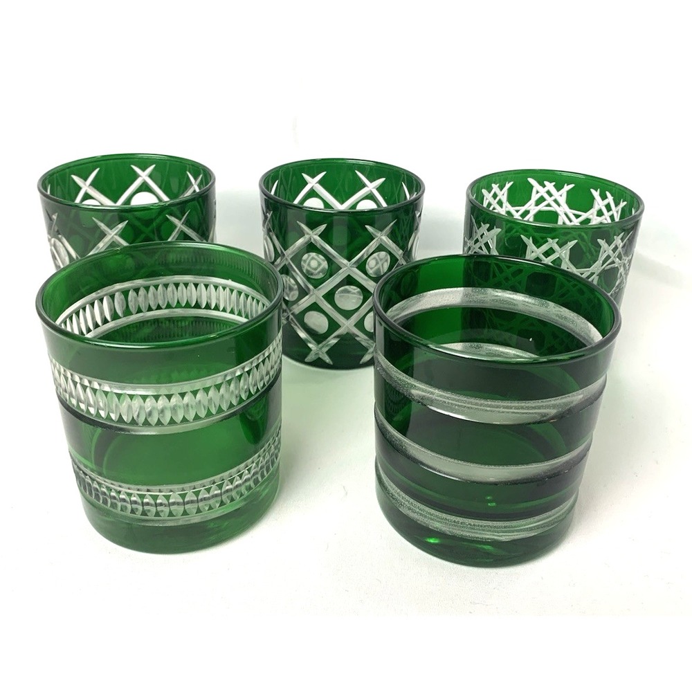 Anthropologie Green‎ Painted Rocks Glasses Set of 5 Double Old Fashioned Holiday